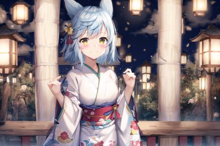 ((beautiful, masterpiece)), best quality, extremely detailed face, perfect lighting, 4k, 1girl, solo, fubukiAL, smile, blush, fubuki_\(azur_lane\), fang,  <lora:FubuLoraV1:0.9>, yukata, wide sleeves, print_kimono, floral print, japanese clothes, kimono, long sleeves, sash, cowboy shot