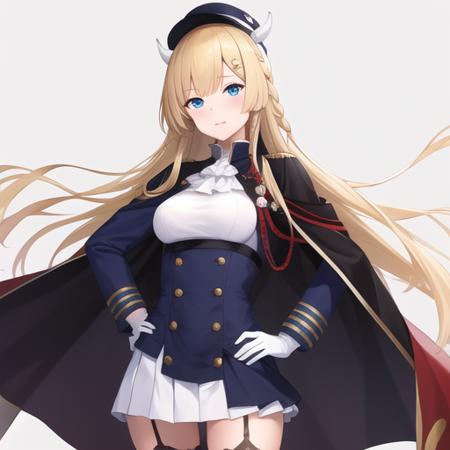 (masterpiece, best quality:1.2),absurdres,highres,1girl,solo,upper body,kongou (azur lane),black thighhighs,blonde hair,blue eyes,cape,garter straps,hand on hip,hat,horns,long hair,military uniform,pleated skirt,side braid,white gloves,white skirt,<lora:Kongou(azur)>,