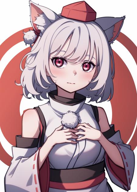 1girl, solo, inubashiri momiji, looking at viewer, short hair, bangs, simple background, shirt, red eyes, hat, white background, animal ears, bare shoulders, closed mouth, white shirt, upper body, white hair, detached sleeves, wide sleeves, animal ear fluff, turtleneck, wolf ears, hand on own chest, tokin hat, red headwear, pom pom (clothes), sarashi
<lora:kame_rebake_old_v2-000020:unet=1:te=1>