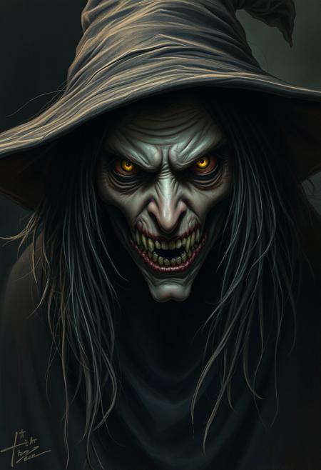 terrifying witch, (Brad Anderson horror style:1.4), unsettling atmosphere, eerie lighting, menacing expression, hollow eyes, (psychological horror:1.3), dark, grim background, haunting shadows, windblown hair, detailed realistic portrait, (high tension, fear-inducing:1.2), intense stare, (masterpiece:1.5), high quality, ultra-realistic, muted color palette