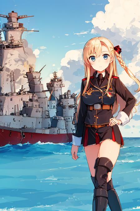 ((masterpiece,best quality)), (1girl, solo), blonde hair, blue eyes, bare legs, ((battleship, ship)), standing on ship, naval uniform, navy, kriegsmarine, day, cannon, hair ribbon, military uniform, long hair, looking at viewer, german army, outdoors, military jacket, standing, sea, thighs, microskirt, boots, no panties, facing viewer, <lora:wilhelmina V1.1:1>