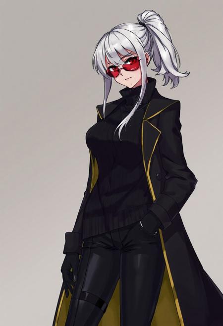 woman, white hair, ponytail, bob, red eyes, red aviator sunglasses, long black sweater, black pants, military boots, black gloves, black long coat with yellow edges, smug,