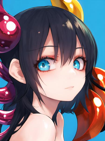 focus on face, best quality, masterpiece, 1girl, Houjuu Nue, blue background, <lora:Fua Yuu Style:1.0>, fua yuu style, beautiful eyes, highly detailed eyes, extremely detailed eyes