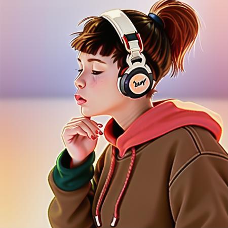 <lora:lofi-girl:1> lofi-girl, 1girl, solo, bangs, brown_hair, long_sleeves, holding, closed_eyes, upper_body, ponytail, indoors, hood, blunt_bangs, blurry, from_side, hoodie, profile, blurry_background, headphones, animal, cat, hood_down, short_ponytail, holding_animal, puckered_lips, holding_cat