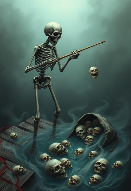 "Skeletal fisherman stands on a weathered dock in purgatory, fishing rod in hand, as he casts his line into a pool of swirling, ethereal mist. The water's surface is dotted with human faces, each contorted in agony and despair, as if the very essence of their souls has been distilled into these tiny, tortured visages. The fisherman's hook has snagged a particularly large soul, and he strains to reel it in, his bony fingers gripping the rod with a fierce determination. Beside him lies an open bag, overflowing with the glowing, misty forms of countless other souls he's collected, their faces frozen in perpetual torment. Style: haunting, atmospheric, and richly detailed, with a focus on capturing the eerie, otherworldly quality of the purgatorial landscape and the fisherman's macabre trade."