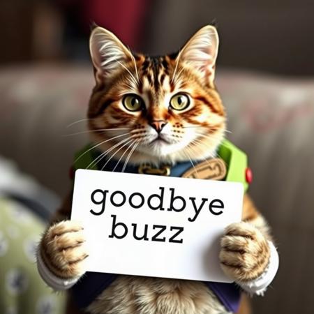 A cat holding a sign that says "goodbye buzz"