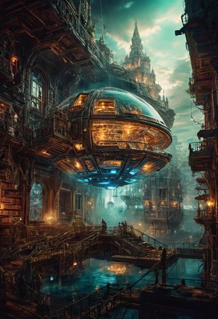 a large spaceship illustrations, dissected books, mystic mechanisms, luminous reflections. intricately detailed, complex, elegant, expansive, fantastical, film photography style, light grain,  fenliexl, mixed media, surrealism, great lighting, In a surreal dreamscape, a cityscape with impossible architecture emerges from the swirling mist. The overall mood should be one and exotic magical artifacts,