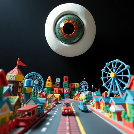 colorful clay amusement park, pov, clay town, claylike world, Claymation, black sky,  space,  wide roads, clay houses, clay dream world, clay Roller Coaster, clay Ferris Wheel, clay Train,  clay park, low angle, solidarity, giant ABC cubes in the background, giant eye in the sky, giant toys, empty world,