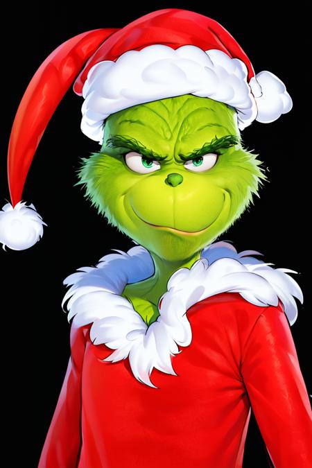 <lora:twistedscarlett60_style:0.8>,((masterpiece,best quality)), absurdres, <lora:Grinch_v2:0.8>, Grinch, simple background, 1boy, hat, upper body, male focus, black background, christmas, santa hat, santa costume