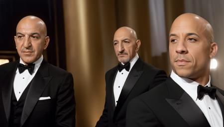 3 men posing at movie awards  ADDBASE
Telly Savalas, t3lly, tuxedo  <lora:t3lly_v2:0.5>  ADDCOL 
Ben Kingsley, tuxedo ADDCOL 
Vin Diesel, tuxedo