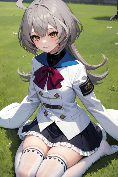 masterpiece, best quality, absurdres, perfect anatomy, 1girl, solo, SasakiRan, long hair, streaked hair, ahoge, school uniform, red bowtie, white jacket, (sleeves past wrists), black shirt, blue skirt, print legwear, smile, outdoors, seiza, on grass, <lora:SasakiRan:1>