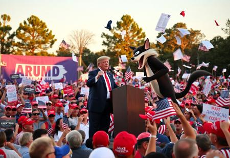 Donald Trump standing on stage at a lively political rally in Alabama, with the iconic Tasmanian Devil from cartoons beside him. The rally is packed with a large, energized crowd waving American flags, many wearing red ‘Make America Great Again’ hats. The stage is surrounded by large banners and signs with bold political slogans, while the Tasmanian Devil spins wildly, causing papers and flags to fly around. Trump, with his signature gesture, is delivering a speech, while the crowd cheers, a mix of excitement and chaos unfolding as the cartoon character creates havoc nearby. The setting is a classic Southern backdrop with tall trees, and the golden evening light casting a glow over the scene.