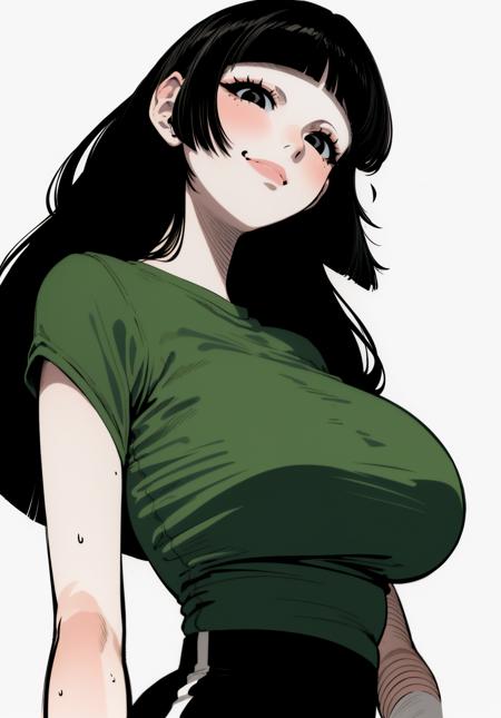 absurdres, (ultra-detailed), masterpiece, best quality, white background, 
1girl, solo, smirk, large breasts, lipstick
shirt, loose clothes
long black hair, blunt bangs
sketch, 1990s \(style\), ligne claire,