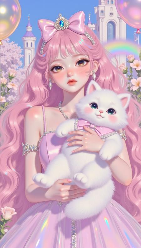 pinkprismaticglow, 
a woman with long pink hair, earrings, necklace, pink bow tiara, long curly hair, pink dress, looking at the camera; She was holding a white long-haired cat; Be active; Hazy light pink castle background, pink theme, rainbows, balloons, close-ups,