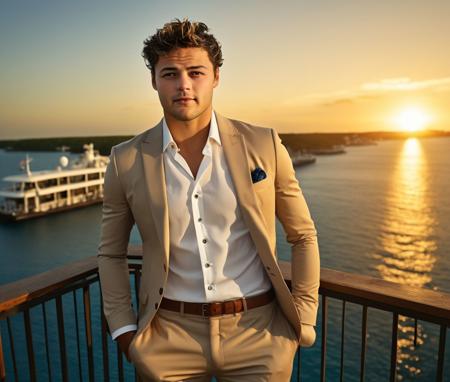 Nautical-themed (Photo:1.3) of (Ultrarealistic:1.3) <lora:Man_Men_FFashion:1> Noah Centineo a man <lora:paul-cuffaro-Noah-Centineo:1> in a tan suit standing on a balcony, sun behind him, inspired by Pablo Munoz Gomez, shot at golden hour, editorial photograph, midshot of a hunky, by Roman Bezpalkiv, by Artur Tarnowski, maxim sukharev, by Gabor Szikszai,Highly Detailed,(Mono Color:1.3) . Sea, ocean, ships, maritime, beach, marine life, highly detailed