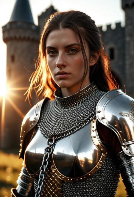 (masterpiece), (extremely intricate:1.3), (realistic), portrait of a girl, the most beautiful in the world, (medieval armor), metal reflections, upper body, outdoors, intense sunlight, far away castle, professional photograph of a stunning woman detailed, sharp focus, dramatic, award winning, cinematic lighting, octane render  unreal engine,  volumetrics dtx, (film grain, blurry background, blurry foreground, bokeh, depth of field, sunset, motion blur:1.3), chainmail