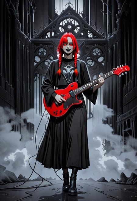 A digital illustration depicts a female musician on a black metal stage, blending black metal and cyberpunk styles. Full body portrait of a girl with half of her face cybernetic — glowing red mechanical eye, exposed metal and wires. She has red hair in very long twin braids, hair between eyes, evil smile with sharp teeth, red eyes, black eyeliner, black eyeshadow, black lipstick. She's holding a futuristic, sharp-edged electric guitar, mid-performance, singing into a spiked microphone. The stage is dark and intense, lit with red and black lighting, fog, satanic symbols, gothic metal architecture, digital circuit patterns in the background. Aggressive pose, dramatic lighting, chaotic metal energy.