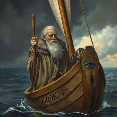 highly detailed art painting, fantasy,  wizard, 40yo, handsome, in woolen cloak, very  white complexion, scar on cheek, standing in prow of small sail boat, wooden boat, squinting into the distance, looking into the distance, very small mongoos on his shoulder, wooden staff, leaning, simple boat, boat name written on prow in small letters, flowing script "LOOKFAR" tiny eye painted on prow,  calm sea, storm on the horizon,