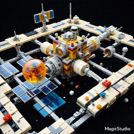 a space station orbiting a blocky LEGO planet, solar panels snapped from translucent studs, astronauts floating on hinge arms, docking bays glowing with internal light bricks, surrounding stars rendered as tiny stud specks, LEGO