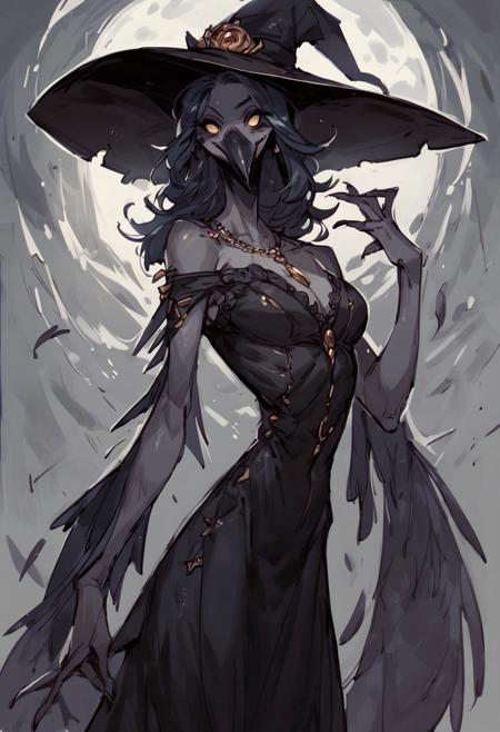 solo, score_9, score_8_up, score_7_up, score_6_up,
1girl, witch, dress, hat, dark aura, no humans, colored skin, gray skin, wings, beak, skinny