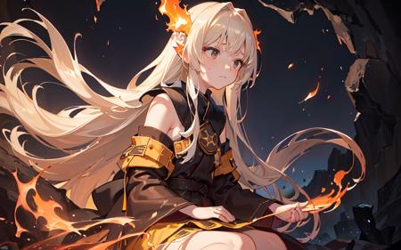 (best quality, masterpiece), (1girl, solo,brown robe, expression face, looking away, sitting, wide sleeves, black eyes, closed mouth, long hair, upper body), (night sky at cave entrance , light rising from the bottom, inside Cave, floating glowing bunch of yellow particles, burning fire at hand, floating many small fires),