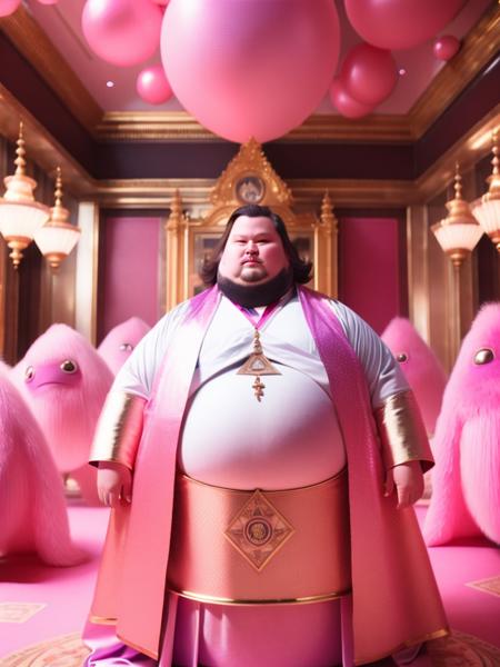 <lora:TerryGilliam:1>35mm photo of an obese nerd in a golden robe with with giant pink weird creatures towering over him. The background setting is a masonic freemason courtroom of pink and black gooey plastic. Eyes Wide Shut Cinematography by Stanley Kubrick, film keyframe