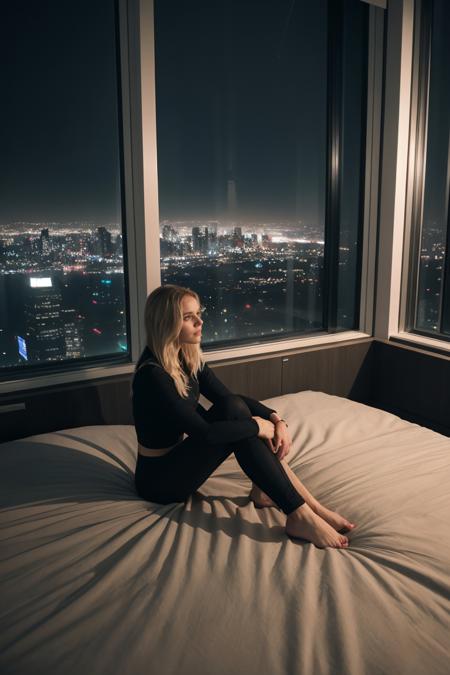 young blonde woman sitting on bed, facing viewer, wearing yoga pants, wide angle, moody aesthetic, beautiful cozy bedroom with floor to ceiling glass windows, cyberpunk neon city at night, view from top of skyscraper, houseplants, bedsheets, bookshelves, rainy windows, detailed, high resolution, photorealistic, medium hair,
