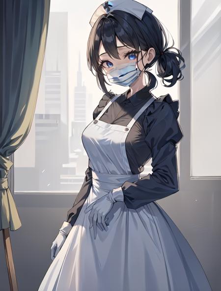 ((masterpiece, best quality, high quality)),1girl, (lower body, hospital), <lora:Long Nurse Apron 2:0.7> (nurse_long_apron, apron, mask, nurse cap, surgical mask, nurse, long sleeves, latex gloves,long dress), <lora:Kaede Sakata:0.7> (1girl, 3dcg 07, black hair, blue eyes, curtained hair, kaede sakata, low twintails, medium breasts, parted bangs, ponytail, short hair, solo, twintails),