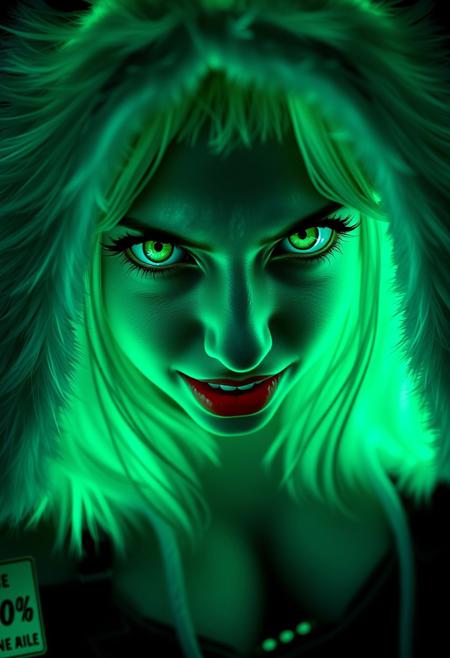 Detail Tweaker XL, score_9, score_8_up, score_7_up, score_6_up, g0thicPXL, glowing, neon, 1girl, Wolf hide, wolf hide covering the head, bright green eyes, pretty face, beautiful eyes, staring at the viewer, grumpy, teeth showing, outfit with wolf hide, close face , glowing skin, solar eclipse, green color eclipse, night, pose, focus on breasts, perfect lighting, ghostly translucent, scary theme, close-up on face, focus from above, alternative close