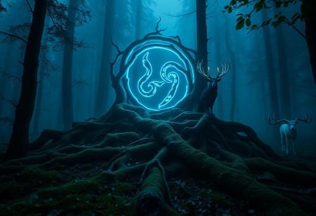 “A hyper-realistic, cinematic depiction of the Algiz rune in a haunting, fog-laden ancient forest, shot with a Sony prime lens for rich depth and sharp detail. The Algiz symbol looms large, carved from twisted, bone-like branches that glow with an eerie, electric-blue hue, illuminating the mist in dramatic high contrast. This glow casts intricate shadows across the forest floor, capturing every texture of the damp moss and gnarled roots. Surrounding it are spectral animals—a raven perched on a branch with razor-sharp focus, a ghostly elk with glowing antlers standing in mid-distance, and wolf-like shadows further back, half-concealed by fog. Using a shallow depth of field, the foreground details pop in hyper clarity while the background recedes into a moody, mysterious blur, layered with deep blues, purples, and greens. Each leaf and wisp of mist is sharp, highlighting the texture and contrast of the scene for an immersive, supernatural atmosphere that feels like a ritual frozen in time.”