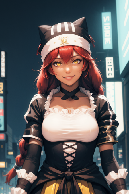 masterpiece, best quality, 1girl, lupusregina, red hair, long hair, twin braids, yellow eyes, (glowing eyes:0.8), dark skin, choker,  dress, hat, maid, upper body, smile, looking at viewer, cyberpunk, solo, neon light, night, cyberpunk city background  <lora:LupusReginaCivit:1>