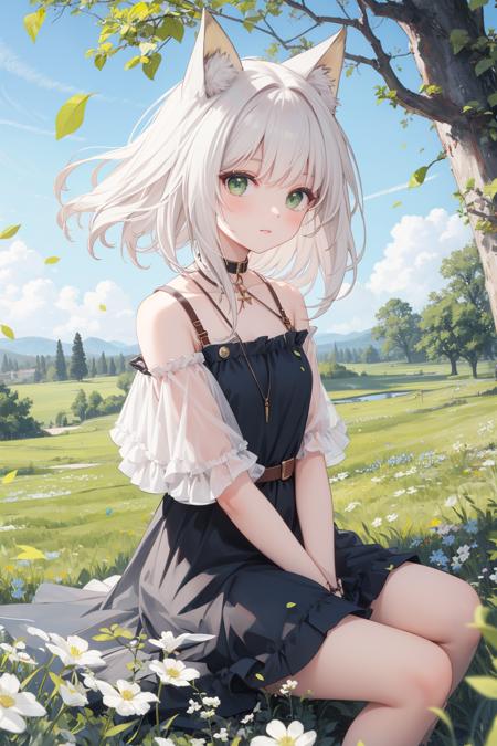 <lora:kaltsit-07:0.6>,kaldef,casual dress,green eyes,1girl,masterpiece, best quality,hair blowing,looking at viewer,blue sky,meadow,sitting,tree,leaf