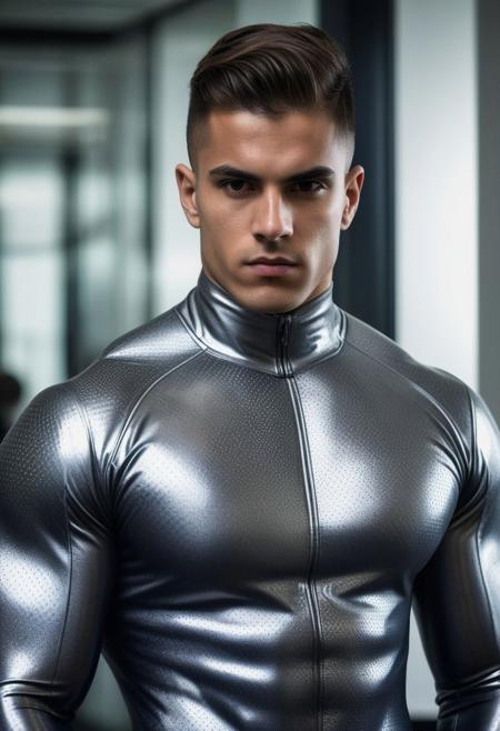 two strong 24-year-old spanish bodybuilder males, with a  buzz undercut hairstyle, detailed face, dominant expressions, wearing a skin tight dark-gray latex cybernetic suits with light-gray and silver latex details,  standing at attention posture,  on a modern office, looking to the camera, detailed face, professional photography, shot on sony a 7RIII , looking to the camera,  detailed skin face and eyes, natural lighting ,  film grain, low contrast, natural face,  dark circles under eyes