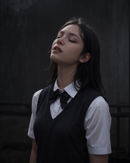 ultra hd, detailed blurry rain background, ((in the rain, rainy night, black light, wet, look up)), eyes closed, dark cinematic, long dark hair, excellent proportion, school uniform, urban, school wool sweater vest, bow tie, ((dark photo:2, dimly lit, dark, very dim image, harsh light, grainy photo, detailed rain, dark night, extreme darkness))