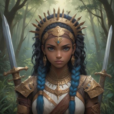 Create a portrait of a strong African American woman, centered in a 1024px image, with an angular asymmetrical design. She should be holding two swords and have two long blue braids, with a headdress that is also centered. The background should feature an Erosion Hand Forest with tall grass and godrays, with soft lighting reminiscent of the work of John Harris, Andrei Riabovitchev, Marc Simonetti, yoshitaka Amano, and Thomas Kinkade.