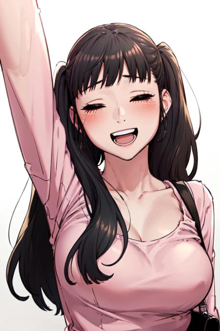 <lora:Anna_SW:0.8>, Annadef, black hair, black eyes, long hair
masterpiece, best quality
closed eyes, breasts, shirt, twintails, white background, collarbone, upper body, teeth, solo, simple background,( pink shirt:1.2), long sleeves, :d, open mouth, 1girl, large breasts, bangs, arm up, blush, smile, blunt bangs, bag, cleavage