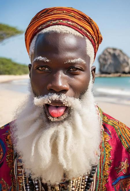 Crazy Beard Day, albino African man, with brown eyes, with crazy beard, weird and unusual beard style, traditional accessories or beard colors, funny face with tongue out, traditional Tanzanian clothes, portrait, hyper-realistic, action scene, comedy, on a beach from Tanzania, blurred background, [prompt created by Kico Toralles]