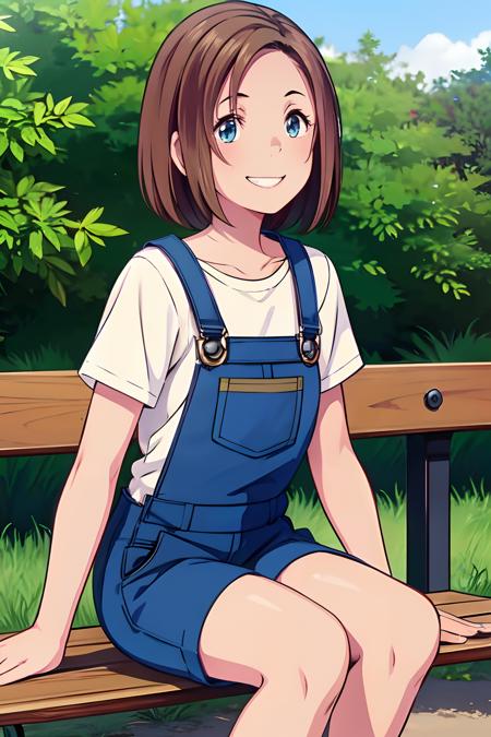 masterpiece, best quality,1girl, solo, CHIGUSA, short hair, brown hair, straight hair, blue overalls, evil smile, teeth mouth, sitting, outdoors, sitting on a bench,