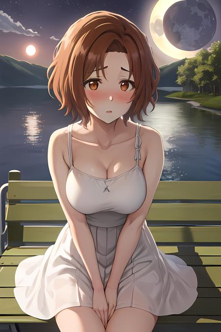 1girl, solo, short hair, skirt, brown hair, brown eyes, long white dress, <lora:masaki-000003:1>, lake, moon, evening, stars, sitting on bench, medium breasts | big breasts, blush