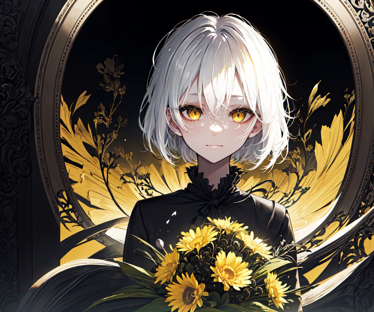 (best quality, masterpiece), (1girl, solo, black suit, standing , looking at viewer, white hair, yellow eyes, closed mouth...