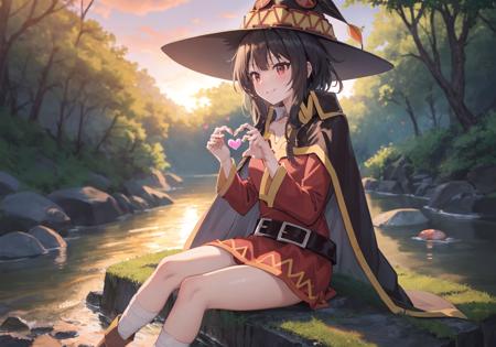 masterpiece,best quality, (Highest picture quality), (Master's work),(8K wallpaper),
extremely detailed, perfect lighting,highres,reality ray tracing,
1girl,Megumin,megumin's style,sunset,cape,hat
smile,(heart hands:1.2),sitting on stone,forest,river,butterfly,mushroom
 <lora:Megumin_V1.0-000006:1>