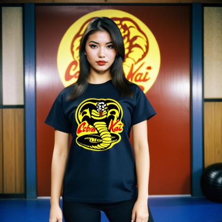 analog film photo Ultra quality, ultra defined textures and colors, full body shot,1girl, Maria Perez, long hair, big eyes, beautiful lips, extreme face makeup, short sleeves, wearing a cobra kai, black t-shirt logo, background a karate dojo, japanese decorations,  <lora:Cobra Kai- tshirt - SDXL1.0:1> . faded film, desaturated, 35mm photo, grainy, vignette, vintage, Kodachrome, Lomography, stained, highly detailed, found footage
