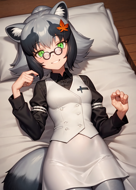 1girl, solo, danzaburou-danuki, grey hair, multicolored hair, high ponytail, green eyes, glasses, raccoon ears, raccoon tail, leaf hair ornament, white vest, long sleeves, white skirt, (gray pantyhose), lying on back, looking at viewer, smile, bed <lora:danzaburoudanuki:1>