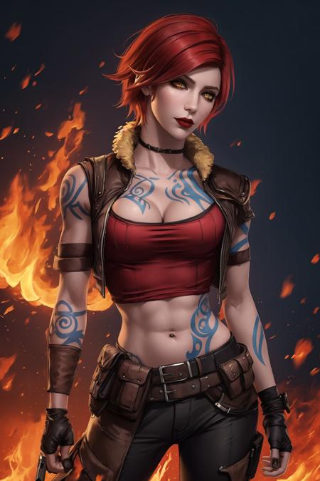 <lora:lilith_(borderlands):0.8>, lilith (borderlands), masterpiece, best quality, tattoo, 1girl, red hair, stomach tattoo, web address, yellow eyes, arm tattoo, solo, gloves, short hair, torn clothes, breasts, flipped hair, fingerless gloves, red shirt, red lips, makeup, lipstick, cowboy shot, wristband, cleavage, looking at viewer, bangs, belt pouch, chaps, parted lips, pants, pouch, medium breasts, belt, torn shirt, black gloves, swept bangs, vest, collarbone, shirt, cropped vest, fur collar, fire, fur trim, midriff, crop top, standing, nose, navel, breast tattoo, leg tattoo, signature, clothes around waist, chest tattoo, open vest, torn jacket, dated, embers, cropped jacket, elbow pads, realistic, brown belt, jacket, open clothes, black pants, lips, glowing, legs apart, arm at side, taut clothes, buttons, full-body tattoo, yellow jacket, brown pants, blurry, head tilt, multiple belts, wings, fiery wings, glowing tattoo,