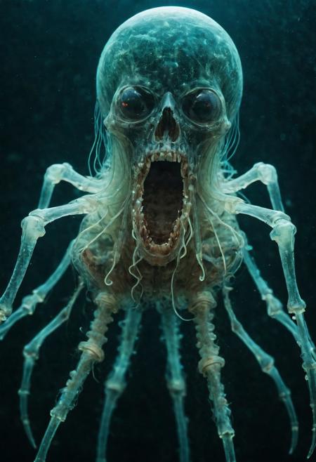 Horror, hp_lovecraft_style, still from a horror film, cinematic lighting, underwater, crisp focus, photograph, UHD 8k.
A rotting zombie humanoid, jellyfish mouth, (((amputee with no legs or hips))), made of translucent slime, bioluminescent eyes and teeth, arms made of jellyfish tendrils, spider-like, visible bioluminescent deformed skeleton, a jellyfish from the waist down.