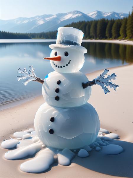 An ais-icebaby snowman, on a sandy beach in the hot summer serene frozen lake <lora:Ice_Style_SDXL:1>