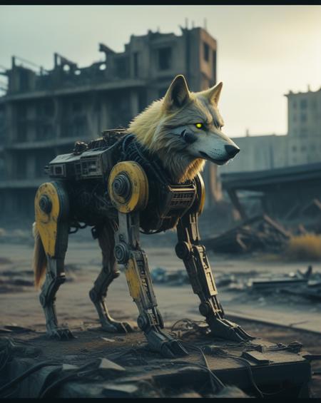 A cybernetic wolf stands amidst ruins, with one side resembling a mechanical robot and the other side retaining its natural fur. The background is a desolate wasteland with crumbling buildings, rusted machinery, and a toxic yellow sky. Incorporate subtle details like glowing blue circuits, exposed wires, and worn leather straps to convey a sense of decay and technological overreach
