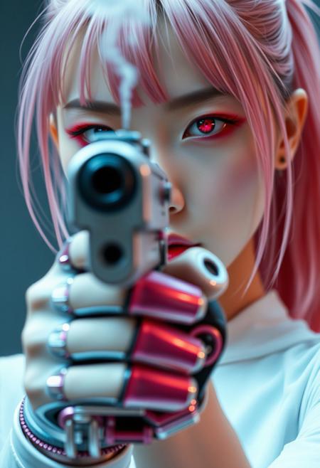 Extreme close-up of a tall, slender Japanese cyberpunk assassin aiming a silver futuristic pistol directly at the viewer. The barrel is centered but slightly blurred in the foreground. Her blush pink hair is in a long ponytail with slightly brushed bangs and loose strands framing her face.
She wears bold red Asian-style eyeshadow:1.2, and both highly detailed cybernetic eyes glow faint pink:1.69, one eye looking directly down the gun sights.
Her cybernetic hand, visible and gripping the weapon, is finished in glossy pink chrome, intricate and feminine. A thin trail of smoke rises from the barrel, drifting across her calm, cold expression. The image is dramatic, intimate, and cinematic — the precise moment after the kill.”