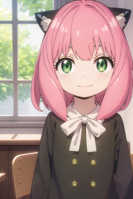 anyaforger, <lora:anya forger s1-lora-nochekaiser:1>,
anya forger, bangs, (green eyes:1.5), pink hair, ahoge, hair ornament, smile, child, female child,
BREAK long sleeves, dress, school uniform, socks, black dress, eden academy school uniform,
BREAK indoors, classroom,
BREAK looking at viewer, (cowboy shot:1.5),
BREAK <lyco:GoodHands-beta2:1>, (masterpiece:1.2), best quality, high resolution, unity 8k wallpaper, (illustration:0.8), (beautiful detailed eyes:1.6), extremely detailed face, perfect lighting, extremely detailed CG, (perfect hands, perfect anatomy),