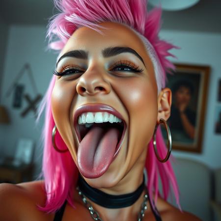 Amateur photography selfie of a female with open mouth wide, 20year, pink mohawk, glampunk makeup, caramel skin, hoop earrings, (uvula:0.2), laughing, ultra high quality, very detailed and photorealistic, face focus, very detailed skin, detailed skin, realistic skin, acne, skin pores, photographic, photography, photograph, skin pores, excessive lip filler, huge tits, cleavage, huge eyes, piercing, goth (skin pores:0.5) <lora:tongue-flux-v0.1:1>